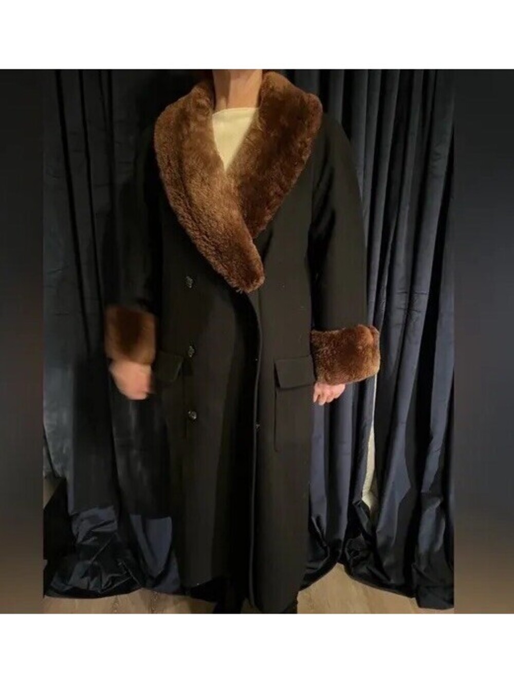 Vtg BILL BLASS Black Textured Wool Fur Trim Collar Long  Maxi Coat 1980s L/XL